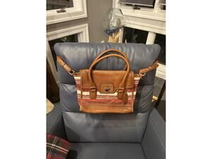 Cole Haan Brooke Flap Brown Leather Canvas Valise Hand Bag